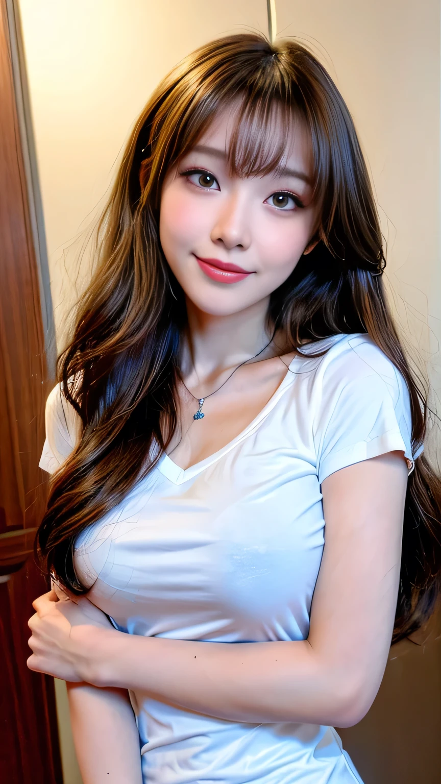 Full Body Angle、((highest quality, 8K, masterpiece: 1.3)), concentrated: 1.2, Cute girl 1,Nipples erect、 Perfect beauty: 1.4,Crisscross V-neck T-shirt, Casual summer short sleeve t-shirt: 1.2,Long sleeve、Randall Color、comics&Text Graphics、Black ruffle-trimmed drawstring zip blouse,1.1, Highly detailed face and skin textures, Fine grain, double eyelid, whitening skin, ,highest quality,Ultra-high resolution,you,1 girl,alone,_Shiny_skin,Iris,necklace,((Brown_length_Wavy_hair)),(lips)),eyelash,Front hair,deal with,compensate,Shiny,pore,skin texture,Large Breasts、smiling face、
