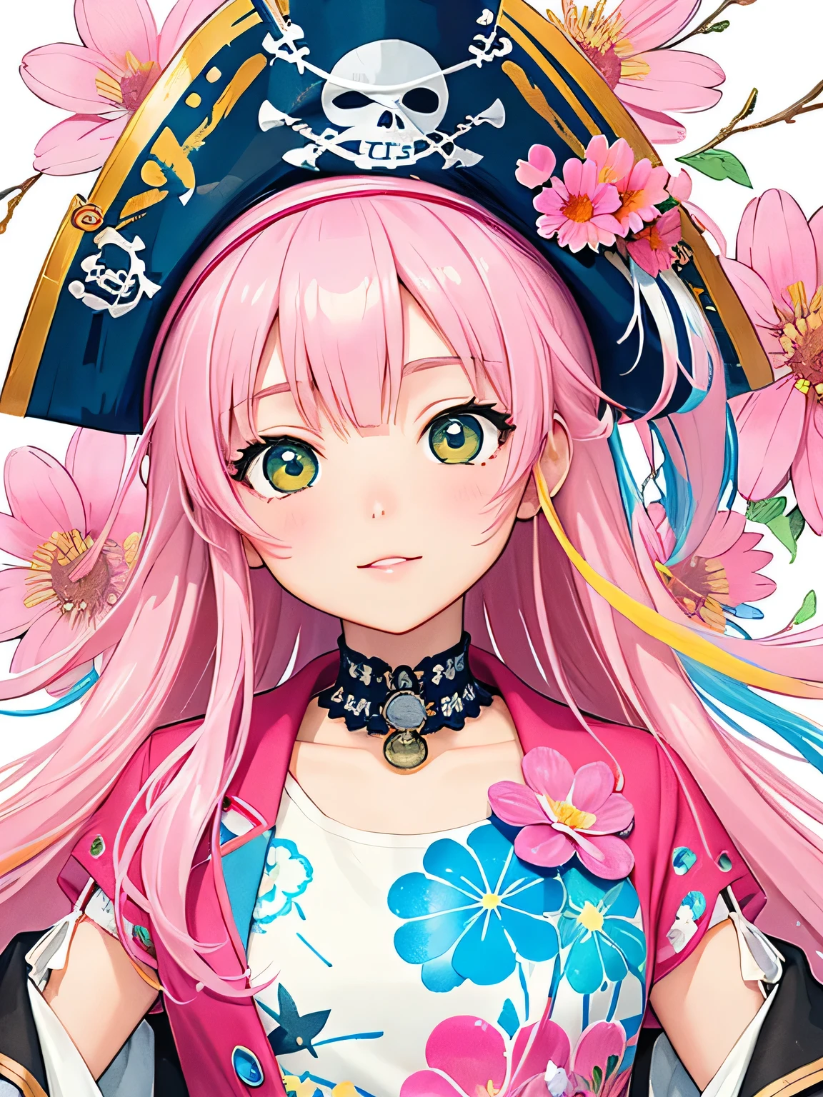 Momoko Sakura style、8K Quality、Intense watercolor, Detailed watercolor art, Watercolor splash, Surreal, avant-garde pop art, Beautiful and expressive paintings, Beautiful artwork illustration, Very colorful tones, wonderful, Cool beauty, highest quality、Official Art, Vector art, Stylish design, (((The most beautiful pirate girl))), (((highest quality))), HDR, ((detailed)), (((Doodle Art)), ((masterpiece)), ((Super detailed)), (((Colorful flowers))),(((Stylish))),