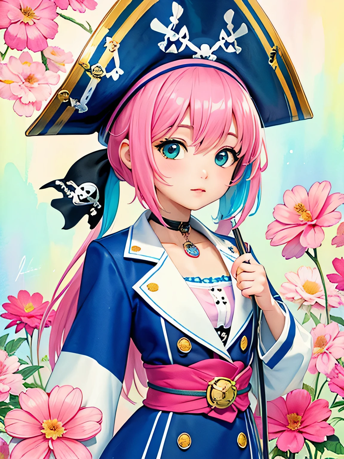Momoko Sakura style、8K Quality、Intense watercolor, Detailed watercolor art, Watercolor splash, Surreal, avant-garde pop art, Beautiful and expressive paintings, Beautiful artwork illustration, Very colorful tones, wonderful, Cool beauty, highest quality、Official Art, Vector art, Stylish design, (((The most beautiful pirate girl))), (((highest quality))), HDR, ((detailed)), (((Doodle Art)), ((masterpiece)), ((Super detailed)), (((Colorful flowers))),(((Stylish))),