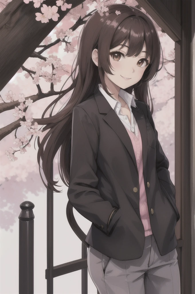 1girl, solo, komoshuai, cherry blossoms, black blazer, pencil shirt, (hands in pocket:1.2) ,smile, brown eyes, ,