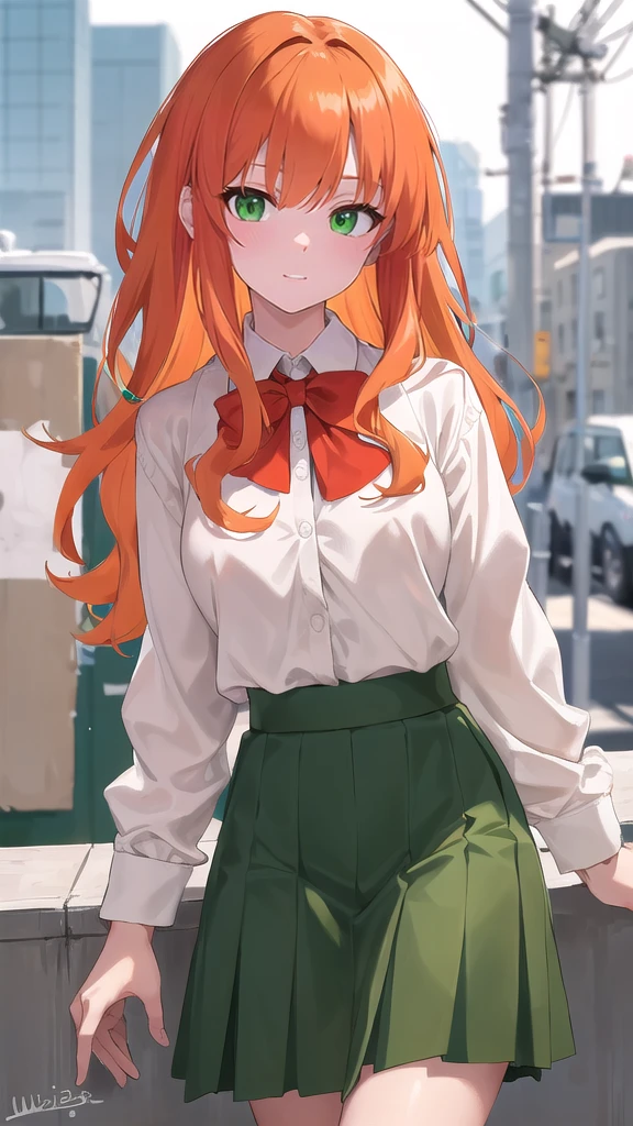 best quality,4k,8k,highres,masterpiece:1.2),umasterpiece,high quality,solo,
Orange hair, green eyes, 
gray skirt, white long sleeve blouse, red bow, , green blazer, high quality, school graffiti in the background. 