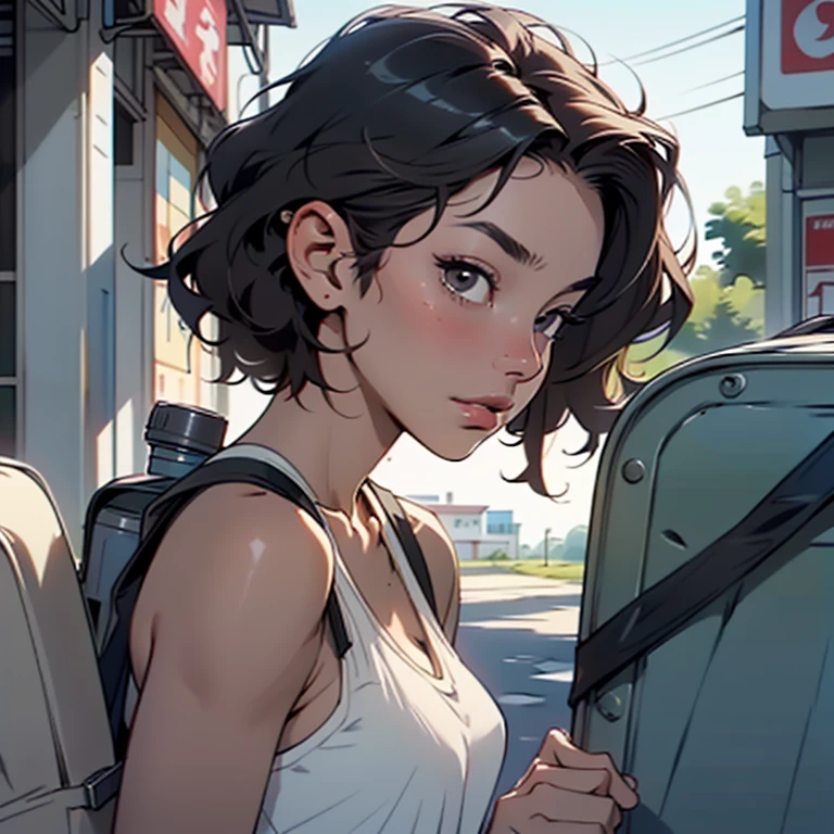 a close up of a person with a cell phone, no makeup wavy hair, with a backpack, low cut top, vacation, short straight hair, sexy body and face, manila, uncropped, '20, alex boyd, clear clean face, face-on, explorer, japanese, front side full, r6