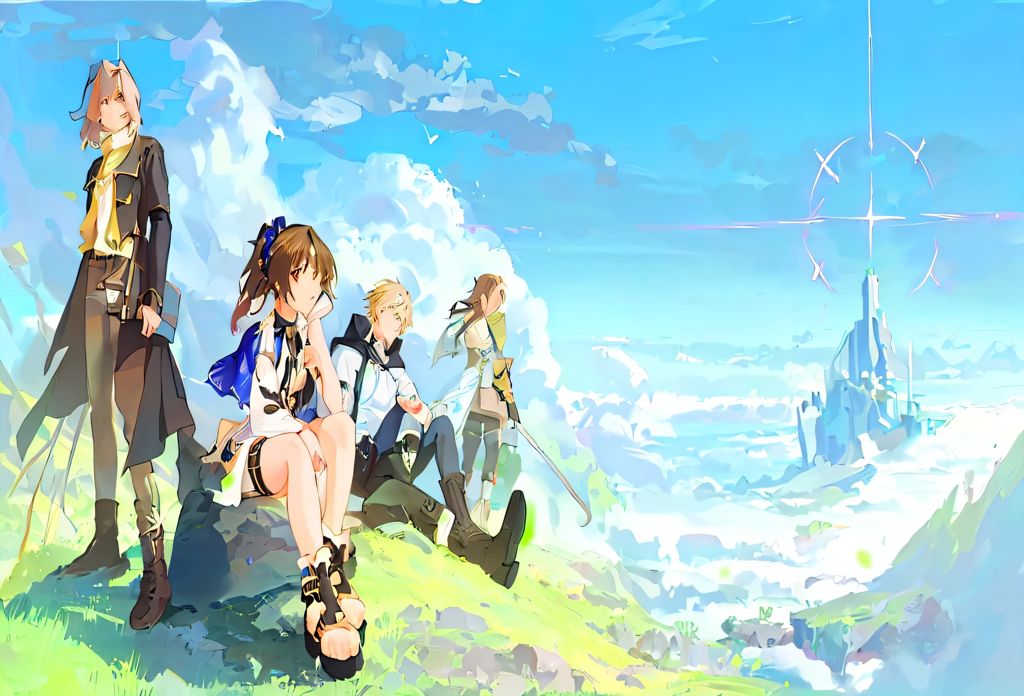 Cartoon character sitting on a rock in the field,Sky in the background, visual novel key point, anime key point concept art of, best anime 4k konachan wallpaper, today's featured anime stills, the last exile anime, Zero Fashion Art, key point, anime key point concept, Gurvitz and Makoto Shinkai, anime background key point, anime stills
