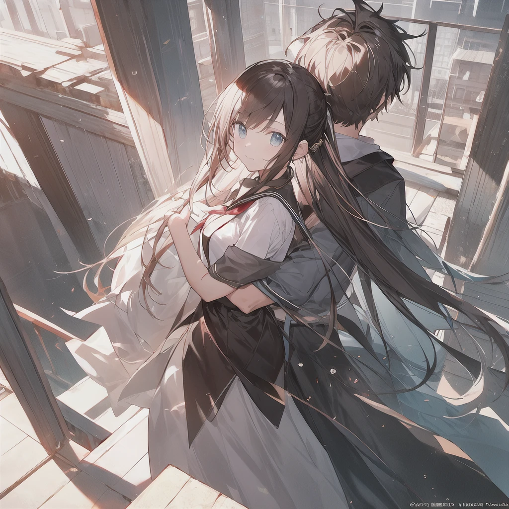 highest quality、Masterpiece、Official Art、The best composition、Super detailed、super beautiful、1girl.1boy.Couple、Back hug on the school rooftop、