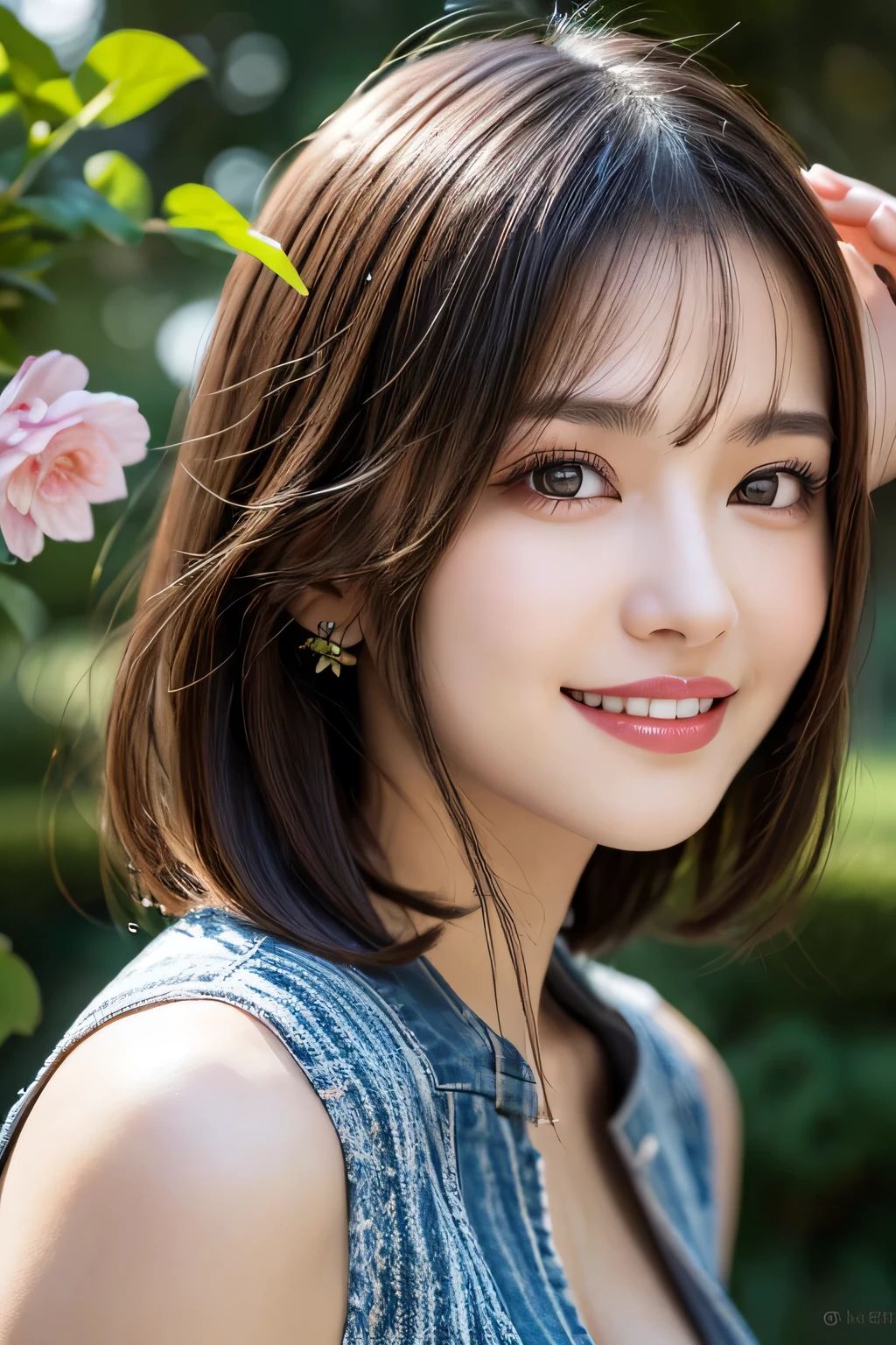 (8k, RAW Photos, highest quality, masterpiece, Realistic, Realistic), (1 female), (Ultimate beauty), Highly detailed face, (Perfect Teeth), Beautiful Eyes, double eyelid, eyelash, smile, Lip details, Brunette Bob, The light shines on your face, ((one piece)), Big Breasts, (background: garden), ((Written boundary depth))