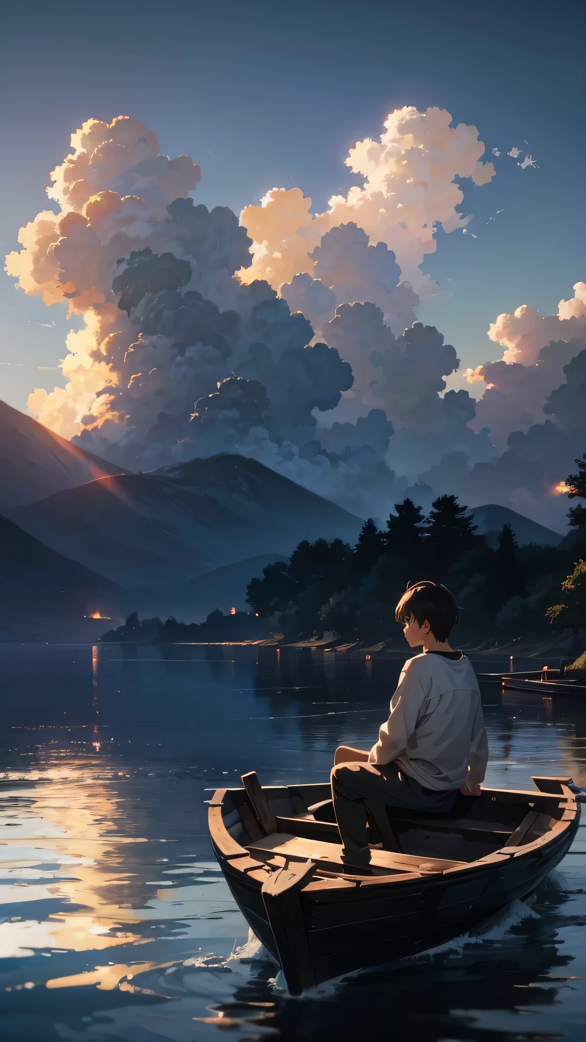 A peaceful anime scene depicting a man seated on a rustic wooden rowboat, his posture relaxed as he leans back against the hull, soaking in the last rays of sunlight before nightfall descends over the tranquil seas, anime, anime landscape wallpaper, anime atmospheric, anime wallaper, anime landscape, anime scenery, makoto shinkai and (cain kuga), anime nature wallpap, hd anime wallpaper, anime art wallpaper 4k, ultra hd anime wallpaper, anime art