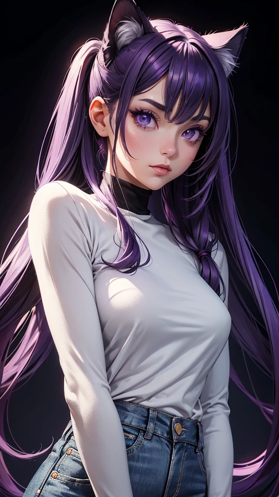 (high resolution, upper body, soft skin:1.2),(best illustration,masterpiece:1.2),ultra-detailed,[(purple eyes, purple makeup cat ears , purple inside:1.2, twin tail),vivid colors,sharp focus,portrait,studio lighting,bokeh, wearing a white turtleneck shirt, black denim pants, spotlight background, arms behind back, back turned 