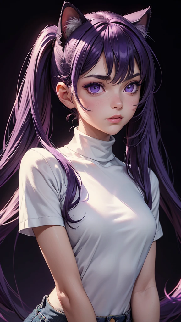 (high resolution, upper body, soft skin:1.2),(best illustration,masterpiece:1.2),ultra-detailed,[(purple eyes, purple makeup cat ears , purple inside:1.2, twin tail),vivid colors,sharp focus,portrait,studio lighting,bokeh, wearing a white turtleneck shirt, black denim pants, spotlight background, arms behind back, back turned 