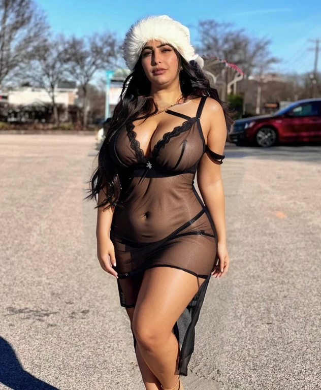Black revealing short summer dress , see through dress top, curvy, medium size breasts, curvy body, cleavage fully exposed, Arab skin color