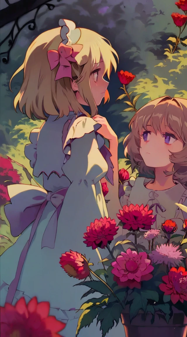 best quality, aesthetic, detailed, solo, 2girls, young girl, anime screencap, 1980s \(style\), flandre and remilia from touhou looking at some pretty flowers
