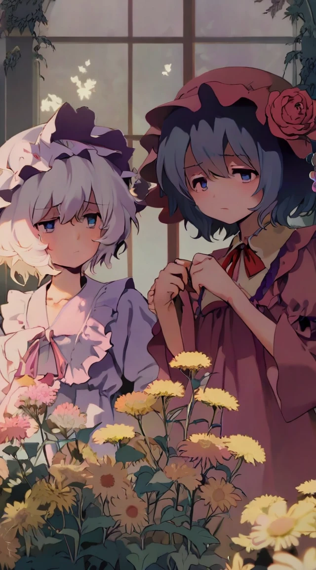 best quality, aesthetic, detailed, solo, 2girls, young girl, anime screencap, 1980s \(style\), flandre and remilia from touhou looking at some pretty flowers