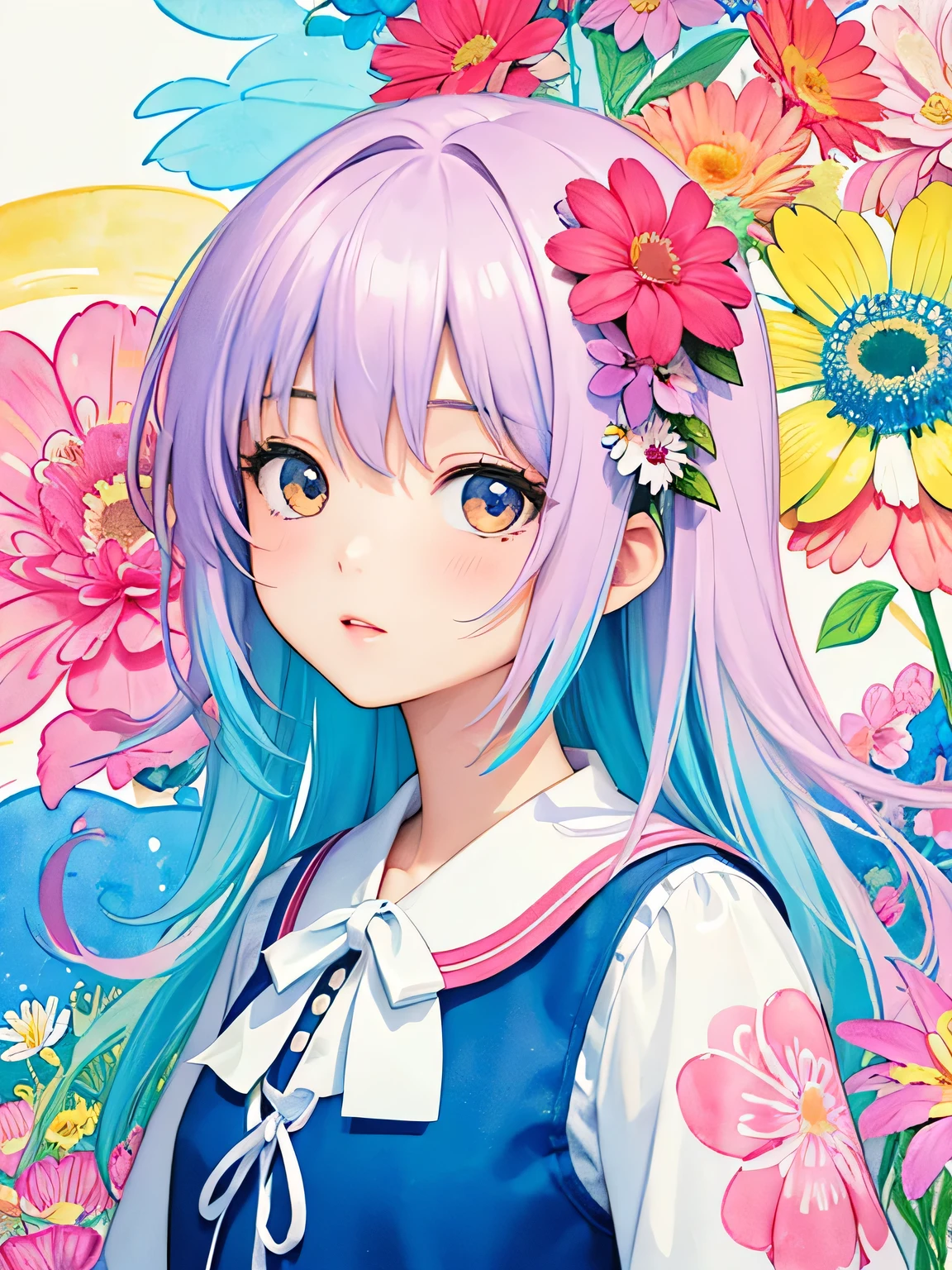 Momoko Sakura style、8K Quality、Intense watercolor, Detailed watercolor art, Watercolor splash, Surreal, avant-garde pop art, Beautiful and expressive paintings, Beautiful artwork illustration, Very colorful tones, wonderful, Cool beauty, highest quality、Official Art, Vector art, Stylish design, (((The most beautiful girl))), (((highest quality))), HDR, ((detailed)), (((Doodle Art)), ((masterpiece)), ((Super detailed)), (((Colorful flowers))),(((Stylish))),