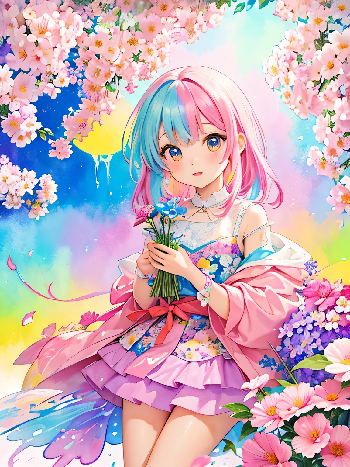 Momoko Sakura style、8K Quality、Intense watercolor, Detailed watercolor art, Watercolor splash, Surreal, avant-garde pop art, Beautiful and expressive paintings, Beautiful artwork illustration, Very colorful tones, wonderful, Cool beauty, highest quality、Official Art, Vector art, Stylish design, (((The most beautiful girl))), (((highest quality))), HDR, ((detailed)), (((Doodle Art)), ((masterpiece)), ((Super detailed)), (((Colorful flowers))),(((Stylish))),
