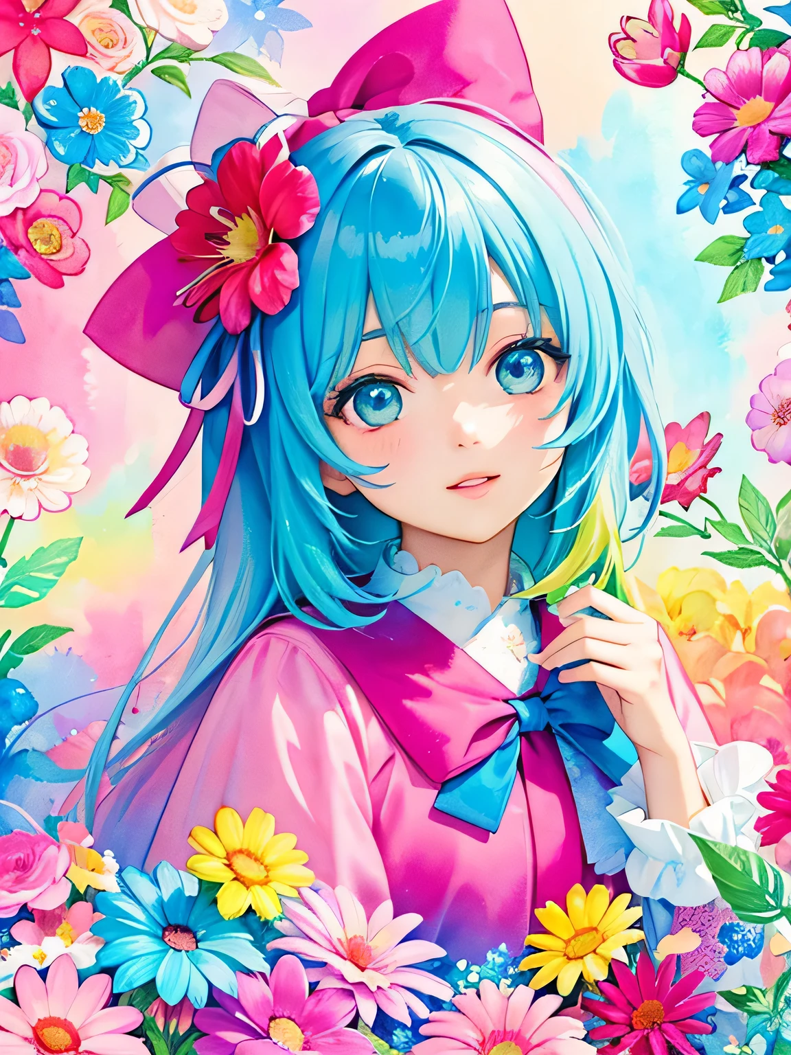 Momoko Sakura style、8K Quality、Intense watercolor, Detailed watercolor art, Watercolor splash, Surreal, avant-garde pop art, Beautiful and expressive paintings, Beautiful artwork illustration, Very colorful tones, wonderful, Cool beauty, highest quality、Official Art, Vector art, Stylish design, (((The most beautiful girl))), (((highest quality))), HDR, ((detailed)), (((Doodle Art)), ((masterpiece)), ((Super detailed)), (((Colorful flowers))),(((Stylish))),