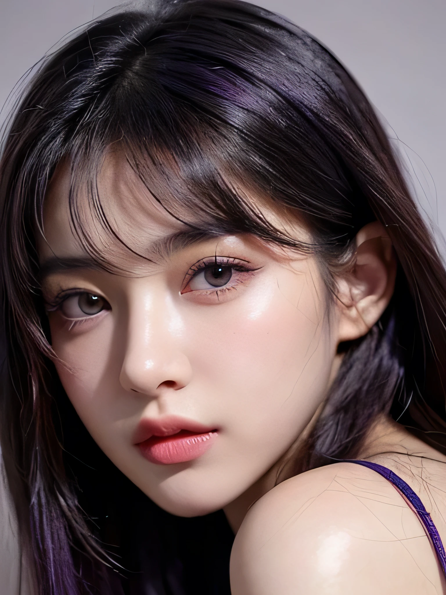(best quality, high detailed facial feature, realistic, masterpiece) (Teenager, gorgeous girl ) (natural beauty, almond eyes shape, deep black eyes, purple hair color) perfect hairstyle