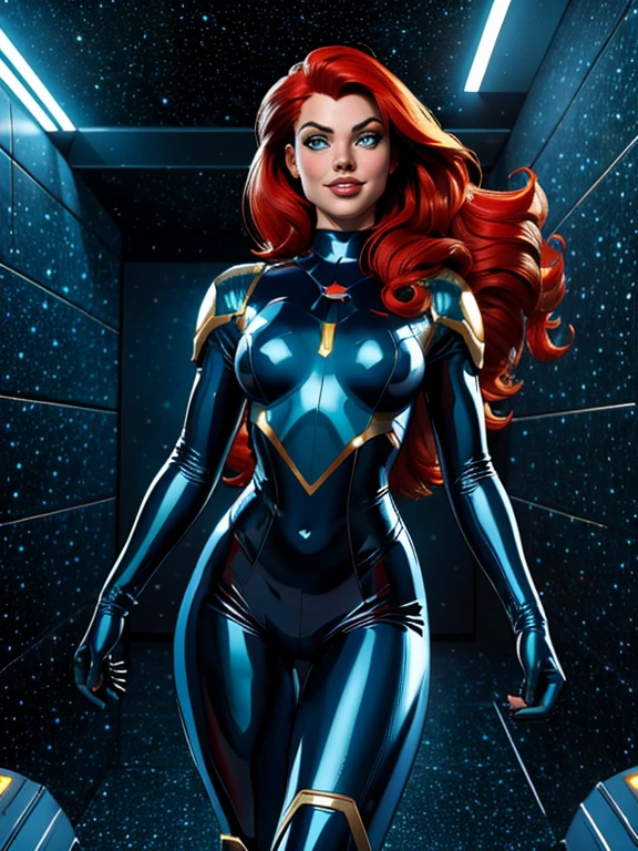 Best quality, 4K, american comics art style, vintage space beautiful woman,long red hair,looking to observer,little smile,green and dark blue tight latex suit under shine black hi-tech armor,dynamic angle, spaceship corridor scenario, dramatic lights
