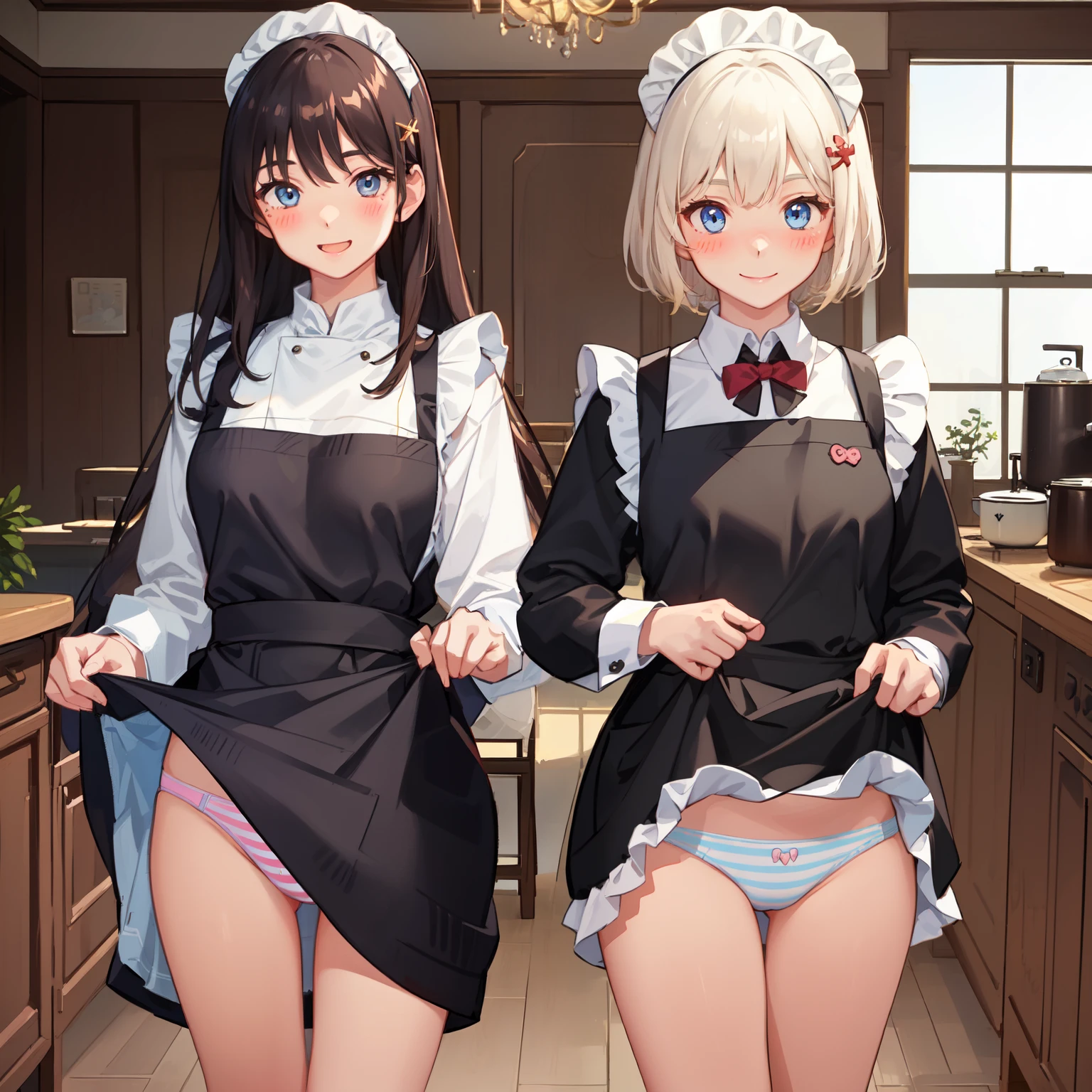 highest quality、masterpiece、((2 girls:1.5))、((smile:1.3))、(blush:1.3)、Black Shirt、blouse、((fun!!))、()、(Small breasts)、(Long Hair:1.3)、()、blonde、(Long sleeve)、((White apron:1.5))、((Maid))、((hair ornaments)),、Kamimei、look at me、 ((in house:1.5))、 A break to observe the crowd、Cowboy Shot、(Skirt flip:1.3),Very exquisite pink striped panties、(Highly detailed panties:1.3)、、(スカート that rolls up:1.3)、(Panties in full view:1.5)、()、Light blue eyes、Long Hair、Glowing Eyes
