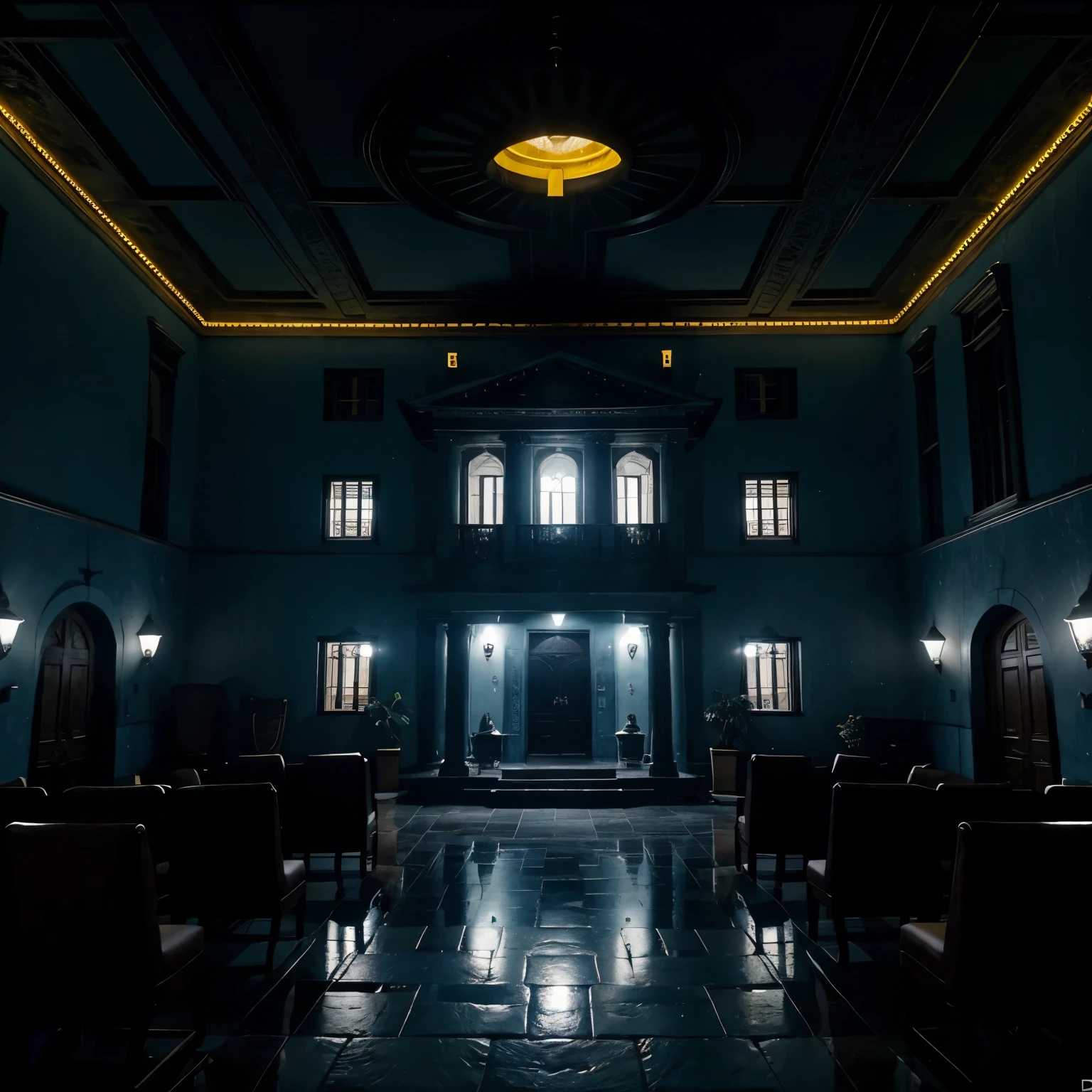 A mansion in a remote and dark place with bright light coming out of the windows from the spotlights, there is a storm with lightning and rain outside, People with daggers and weapons are fleeing from the mansion, presenta con tonalidades azul y azul y amarillo, that it is written in dark blue: "Adraitz: La culpa es de los 8".