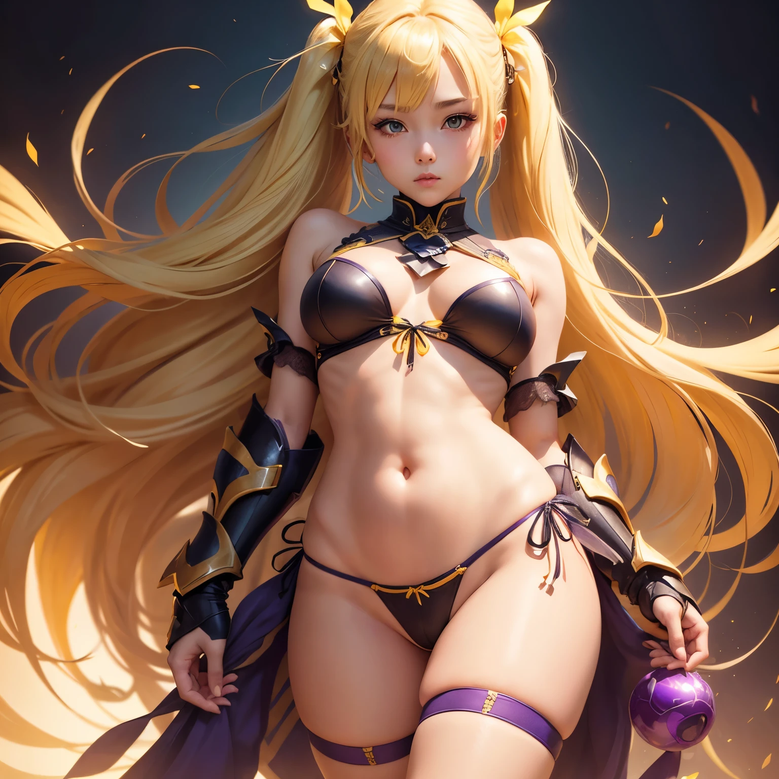 Blonde、Beautiful young woman、Twin tails、Yellow ribbon hair accessory、Genmu Senki Leda、Bikini Armor、Sheer clothing、Attractive clothes、Exposed skin、Transparent panties、Thong、Butt、belly button、side