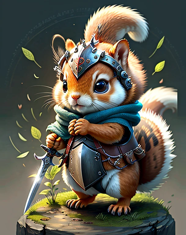 Best image quality、"Create adorable creature masterpieces with highly detailed concept art. Use your imagination", （squirrel）, Attention to detail, In 8K、Best image quality、squirrelはこれからの冒険にワクワクしています、I have a sword in my hand、I'm wearing armor