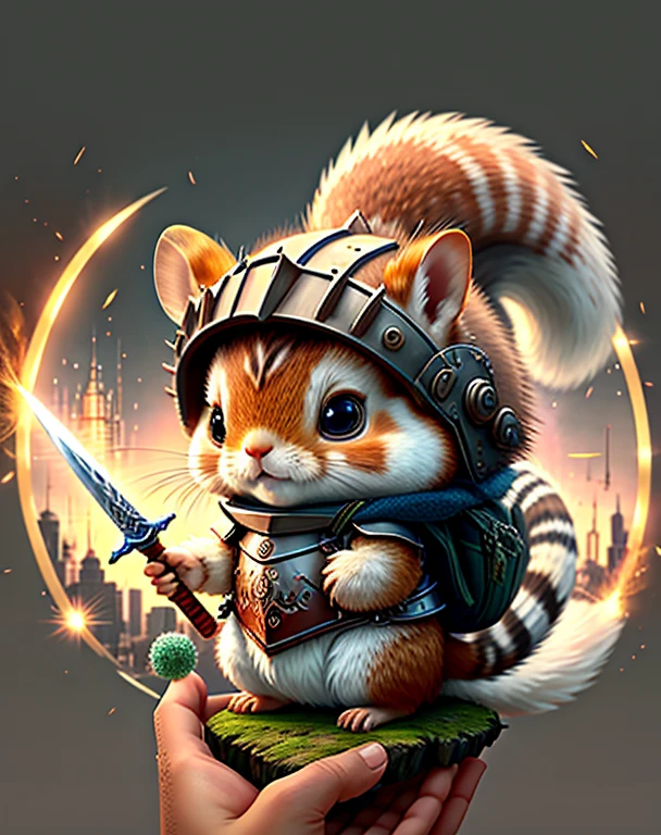 Best image quality、"Create adorable creature masterpieces with highly detailed concept art. Use your imagination", （squirrel）, Attention to detail, In 8K、Best image quality、squirrelはこれからの冒険にワクワクしています、I have a sword in my hand、I'm wearing armor