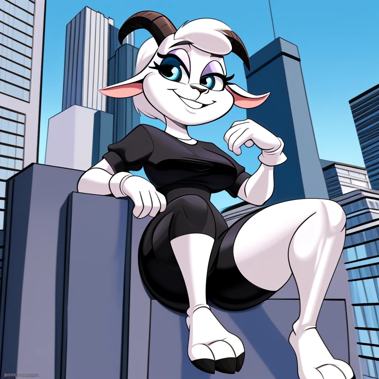 A anthropomorphic female goat, wearing cartoon white gloves, beautiful eyes, thick thighs, wearing black shorts, sitting down on a tall building, smug expression, in the Eric Schwartz furry cartoon aesthetic.
