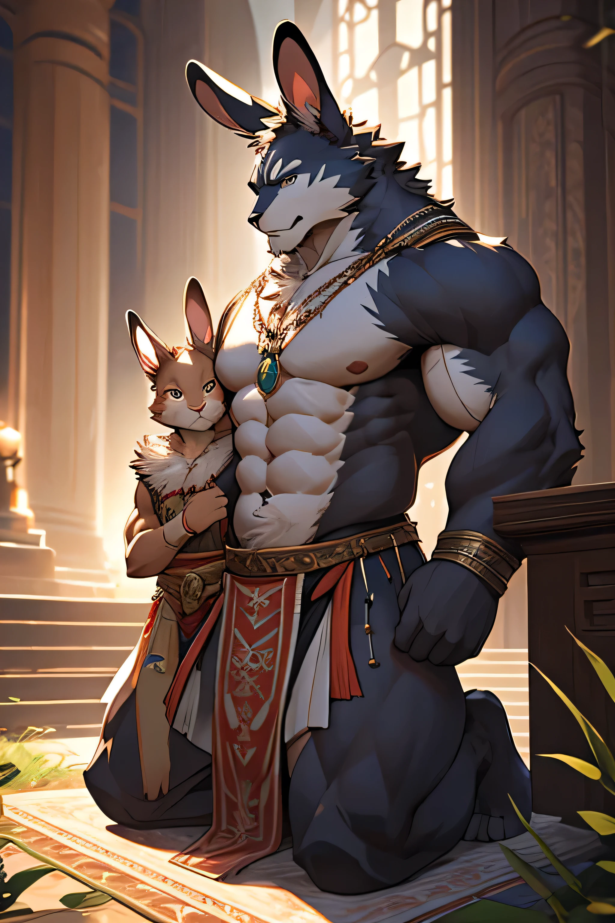 ((realistic)), upload on e621, by Garmash,Ruan Jia, darkgem, anthro, male, ((( detailed fluffy fur))), ((sitting)), detailed realistic painting, (((biceped))), (((shaded))) extreme detail, ((anubis)), loincloth