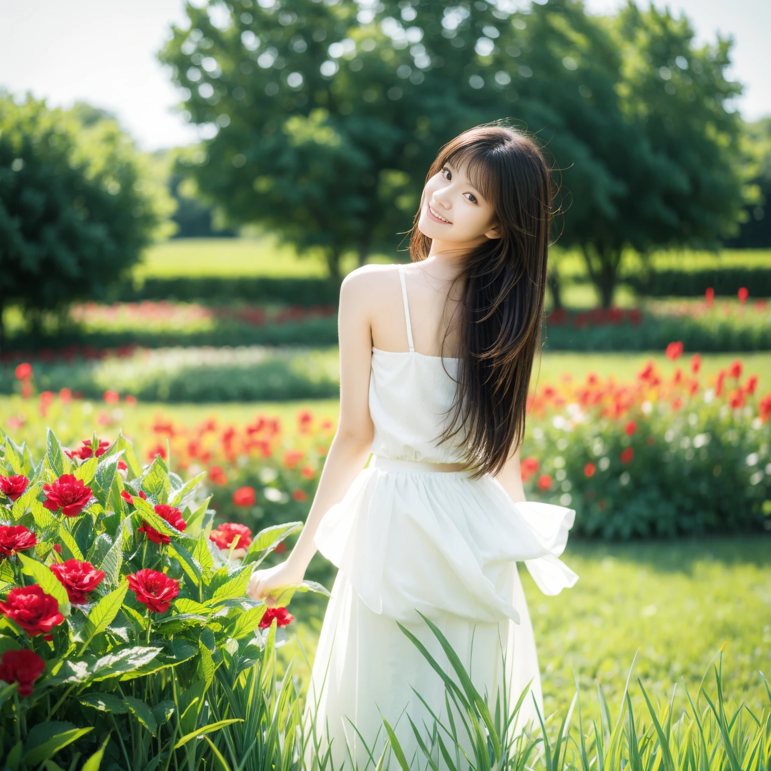 masterpiece, best quality, Ultra-high resolution, detailed illustration, portrait, detailed, 1 girl standing in a wheat field, Solitary, Long hair, skirt, flower, White Hanfu, Smile, whole body, white flower, Bare shoulders, very Long hair, Light green hair, Shut up, For the audience, Bangs,standing in a flower garden There are red flowers all around.