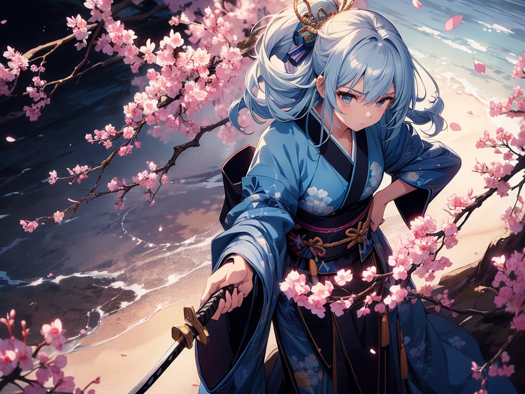 (1 girl), put hands on katana ,from above, upper body ,blue kimono , serious face ,high resolution,(incredibly absurdres),anime visual,extremely detailed CG unity 8k wallpaper, ((masterpiece)), ((top-quality)), (beautiful illustration), ((an extremely delicate and beautiful))