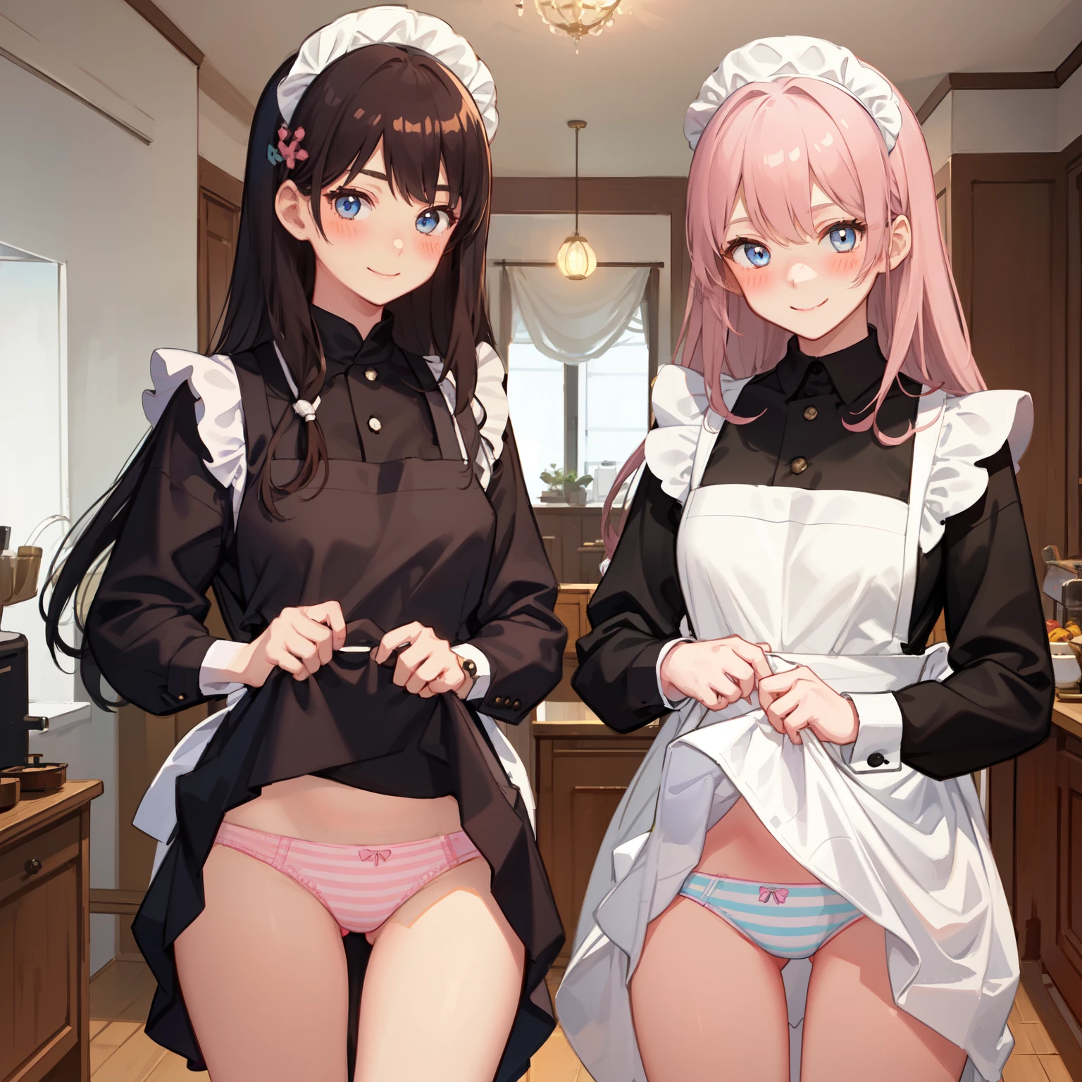 highest quality、masterpiece、((2 girls:1.5))、((smile:1.3))、(blush:1.3)、Black Shirt、blouse、((fun!!))、()、(Small breasts)、(Long Hair:1.3)、()、blonde、(Long sleeve)、((White apron:1.5))、((Maid))、((hair ornaments)),、Kamimei、look at me、 ((in house:1.5))、 A break to observe the crowd、Cowboy Shot、(Skirt flip:1.3),Very exquisite pink striped panties、(Highly detailed panties:1.3)、、(スカート that rolls up:1.3)、(Panties in full view:1.5)、()、Light blue eyes、Long Hair、Glowing Eyes