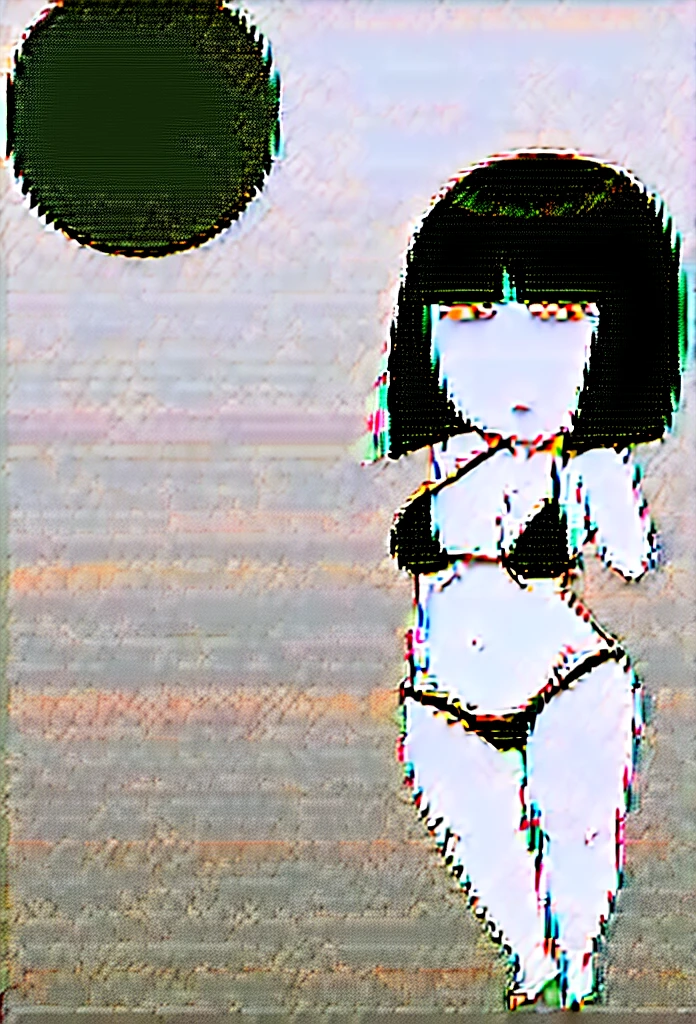hanako-san, black hair, black eyes, no nose, (((bigbust:1.4))), HANAKO-SAN, BLACK HAIR, BLACK EYES, NO NOSE, black bikini