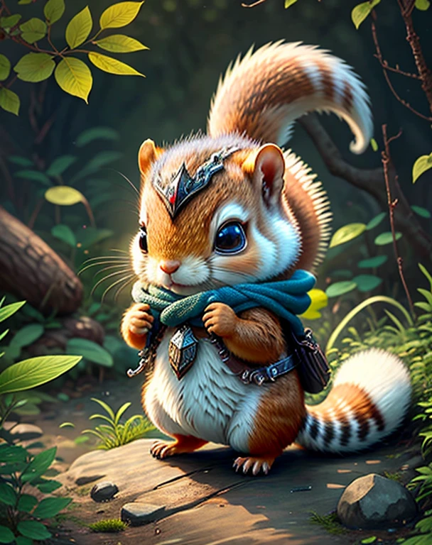 Best image quality、"Create adorable creature masterpieces with highly detailed concept art. Use your imagination", （squirrel）, Attention to detail, In 8K、Best image quality、squirrelはこれからの冒険にワクワクしています、I have a sword、I'm wearing armor