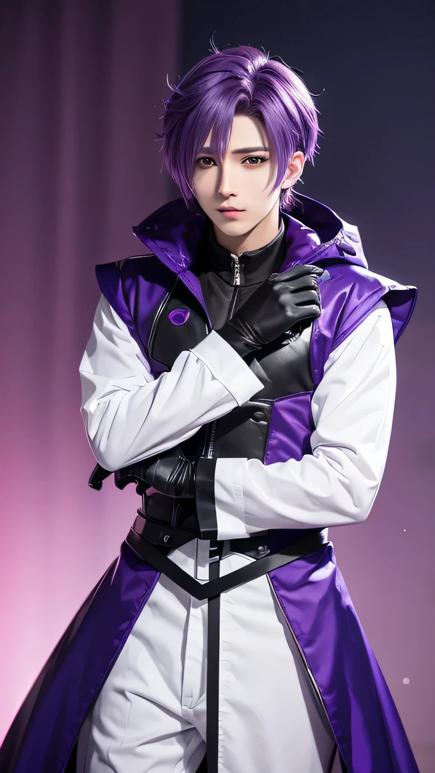 araffe with purple hair and gloves stand, anime cosplay, xqc, cai xukun, professional cosplay, as an anime character, male anime style, with purple hair, handsome anime full pose, male ulzzang, blue colored, real, purple color, with purple skin, cosplayer, sky purle straight hair, cosplay, blue short hair