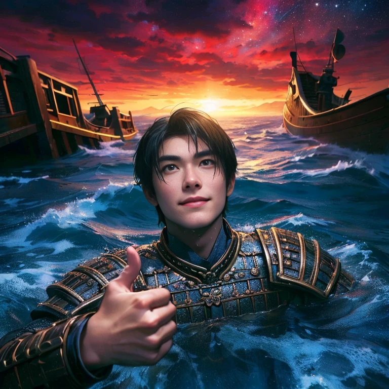 (Best Quality:1.2), (high resolution:1.2), (beautiful face and eye:1.5), (sharpest focus:1.2), (Ultra-realistic Photo:1.2), (Ultra-precise Photo:1.2), (Depth of field:1.2), (8k high resolution:1.2). (perfect anatomy:1.2),
(nice hands:1.5), (perfect hands:1.5), (One drowning Chinese man:1.2), (Very young and beautiful Chinese man:1.0), (Smiling thumbs up in a state of resignation:1.2), (Looking up angle:1.2),
(Chinese warrior in very light clothing, beaten up:1.0), (Majestic Chinese river:1.0), (Cynical smile:1.0), (Giant battleship:1.0), (Mars shining reddish-red in the night sky:1.2),