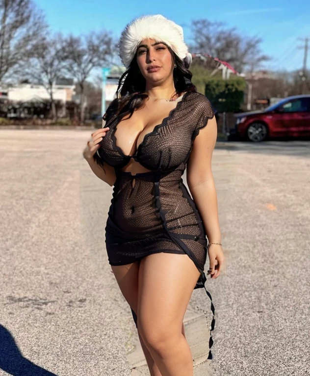 Black revealing short summer dress , see through  top, curvy, medium size breasts, curvy body, cleavage full exposed, Arab skin color