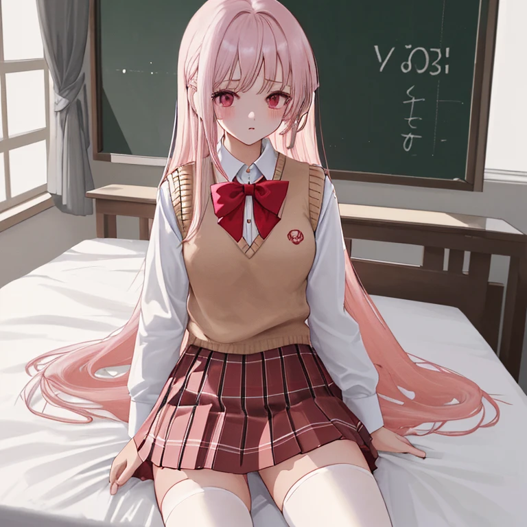 (8K、Best image quality、Highest quality、masterpiece)、One tall girl、((Full body))、Sit on the floor with your legs spread apart、White panties are visible、Long Hair、Wavy Hair、blush、Moderate bust、White collared shirt、Short sleeve、((Plaid pleated mini skirt))、Classroom Background、((black tights))、Black Pantyhose、((No shoes))