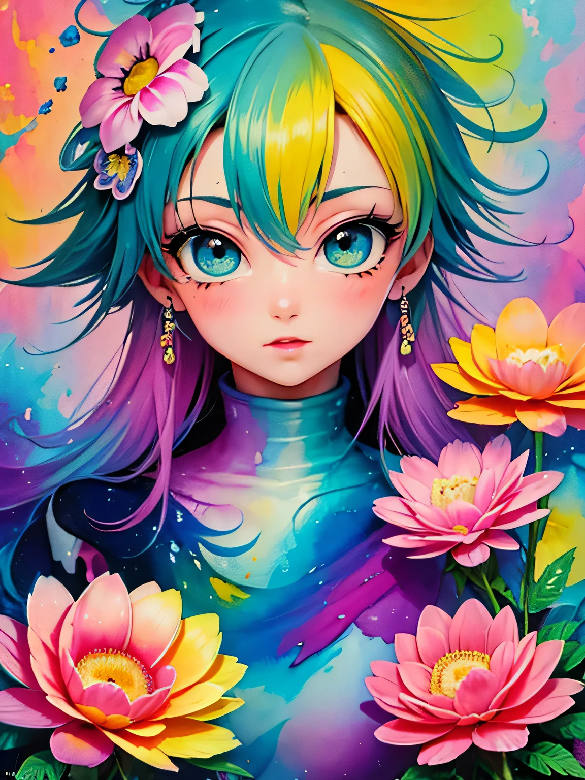 Akira Toriyama style、8K Quality、Intense watercolor, Detailed watercolor art, Watercolor splash, Surreal, avant-garde pop art, Beautiful and expressive paintings, Beautiful artwork illustration, Very colorful tones, wonderful, Cool beauty, highest quality、Official Art, Vector art, Stylish design, (((The most beautiful girl))), (((highest quality))), HDR, ((detailed)), (((Doodle Art)), ((masterpiece)), ((Super detailed)), (((Colorful flowers))),(((Stylish))),