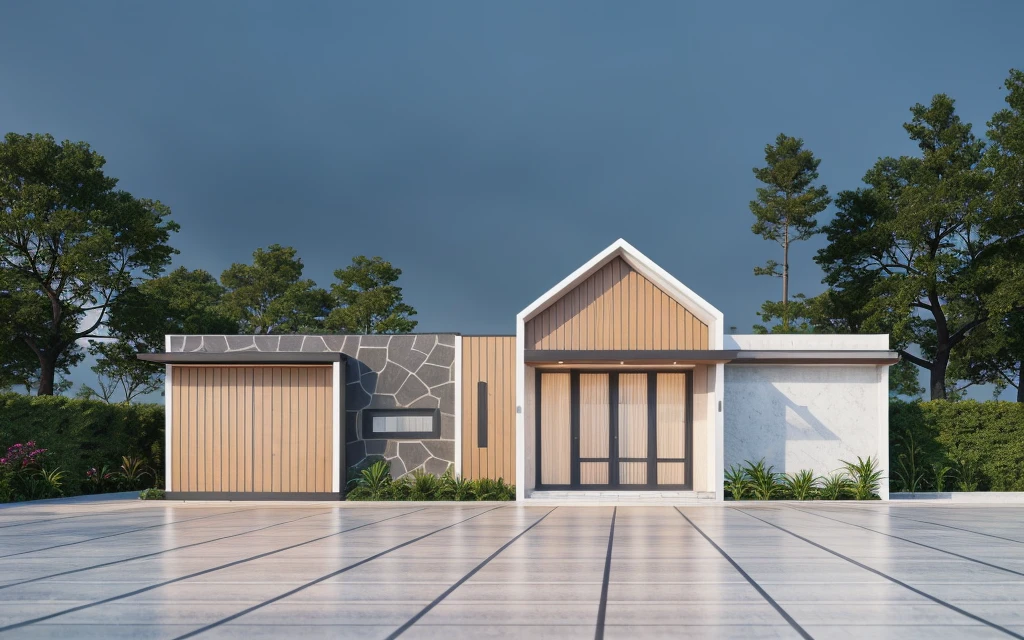 PLATFORM KTHOUSE, 1 morden villa, main material of villa about build color wall:1.2 glass panel:1.1 and stone:1.2, 1large yard, 1 road runs in front of the house, (RAW photo, real, best quality, masterpiece:1.2), look morden minimalist, 1 road in front of the house, dynamic lighting:1.3, (hyper realistic, photo-realistic:1.2), high quality, (dark lighting:1.2), perfect lighting, archdaily, no human