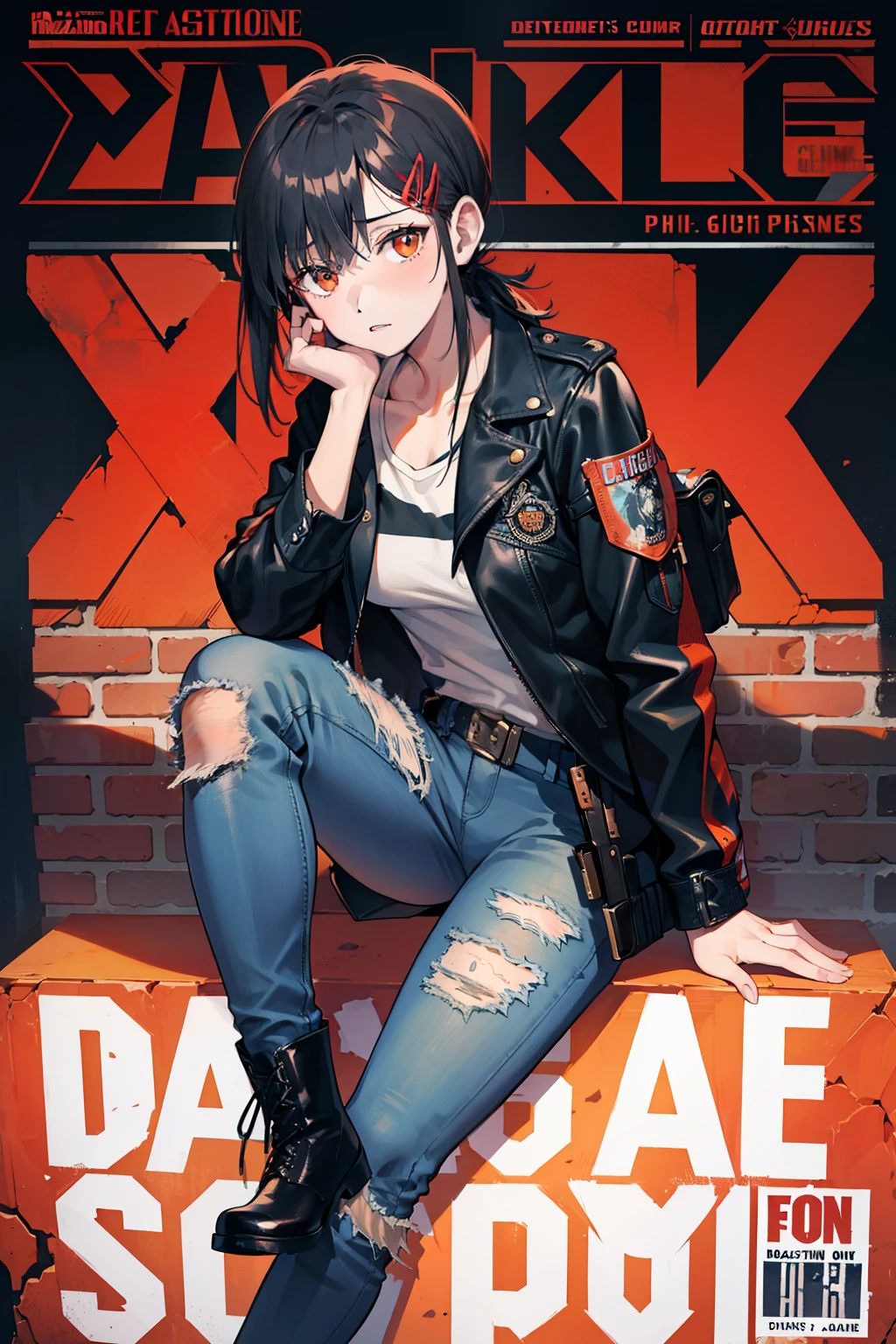 masterpiece, best quality, full body, 1girl, bangs, pistol 9mm holstered on her hip, denim jacket, jeans, combat boots, determined expression, gritty background with brick walls and dim streetlights, bold text reading "Gunslinger's Grace," vibrant colors of sunset reds and oranges, confident pose with one hand resting on the pistol grip, focus on the intricate details of the gun and the girl's weathered leather jacket, trending on Pixiv for its dynamic and realistic presentation, (magazine:1.3), (cover-style:1.3)