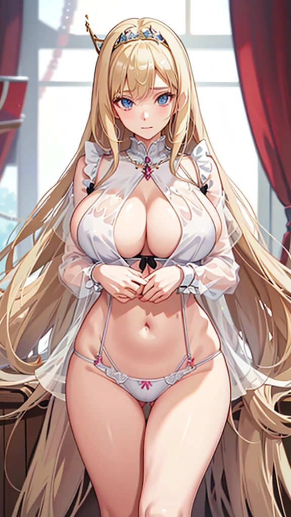 nsfw,anime girl with big breast posing in a room, anime goddess, anime highly detailed, Detailed Digital Anime Art, [ 4 k digital art ]!!, Smooth Anime CG Art, A seductive anime girl, beautiful alluring anime woman, blonde - haired white princess, pixiv 3dcg, | Fine Detail Anime, made with anime painter studio, fluffy chest, Fine details. Anime　wet wet chest.see -through,Sheer nipples、Transparent bra、Transparent panties