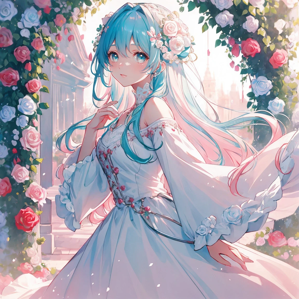 ((masterpiece)), high quality, Super detailed, Rose hair + White clothes: 1.2,Middle-aged woman, Perfect figure, Surrounded by roses, The colors are vivid and bright, Pearl White Background, Romantic long hair, Natural soft light, Warm and sweet, Cyan eyes, Flower Hair Ornaments.