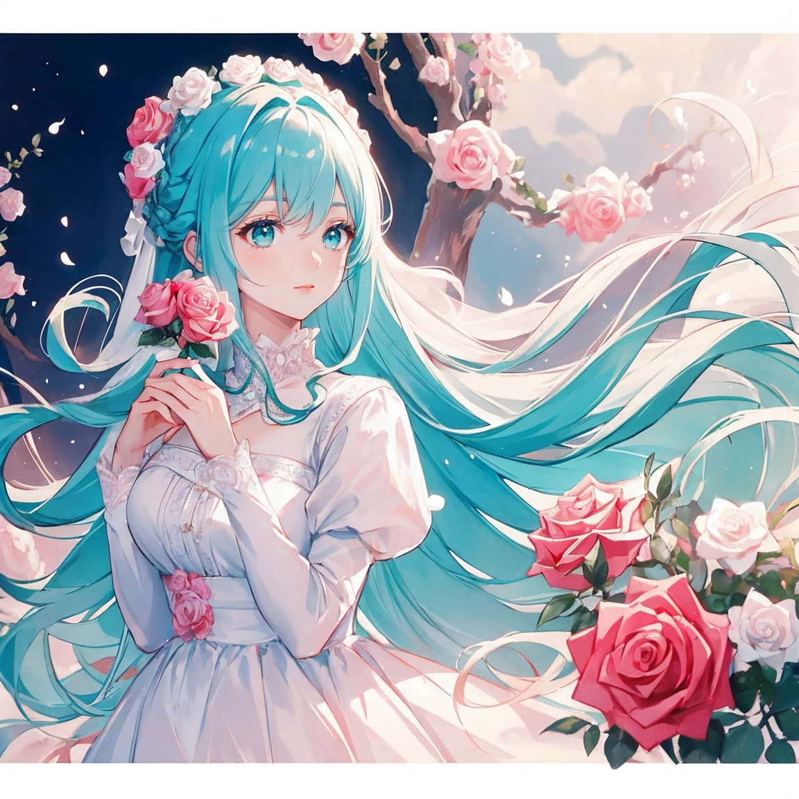 ((masterpiece)), high quality, Super detailed, Rose hair + White clothes: 1.2,Middle-aged woman, Perfect figure, Surrounded by roses, The colors are vivid and bright, Pearl White Background, Romantic long hair, Natural soft light, Warm and sweet, Cyan eyes, Flower Hair Ornaments.