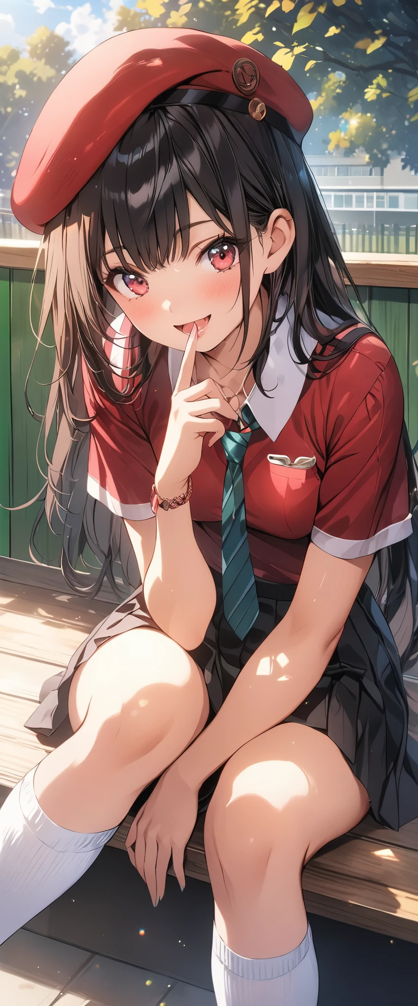 (masterpiece, best_quality), extremely detailed CG unity 8k wallpaper, super fine illustration, (anime_style), Woman posing for a photo, A shy smile, Small open mouth, Long Hair, Straight hair, Fine skin, Beautiful Hands, Beautiful fingers, Wearing a beret, tie, Small breasts, Short sleeve blouse, Pleated skirt, Thighs, Absolute area, Knee socks, Daytime, Hot summer day, School, Schoolyard, Sitting on a bench, holding Canned juice, Natural light, Detailed face:1.2, Sharp focus, Hasselblad Photos, masterpiece, light makeup, Cinematic lighting, 4k, sharpness, Anime Style, whole body, Canned juice, 