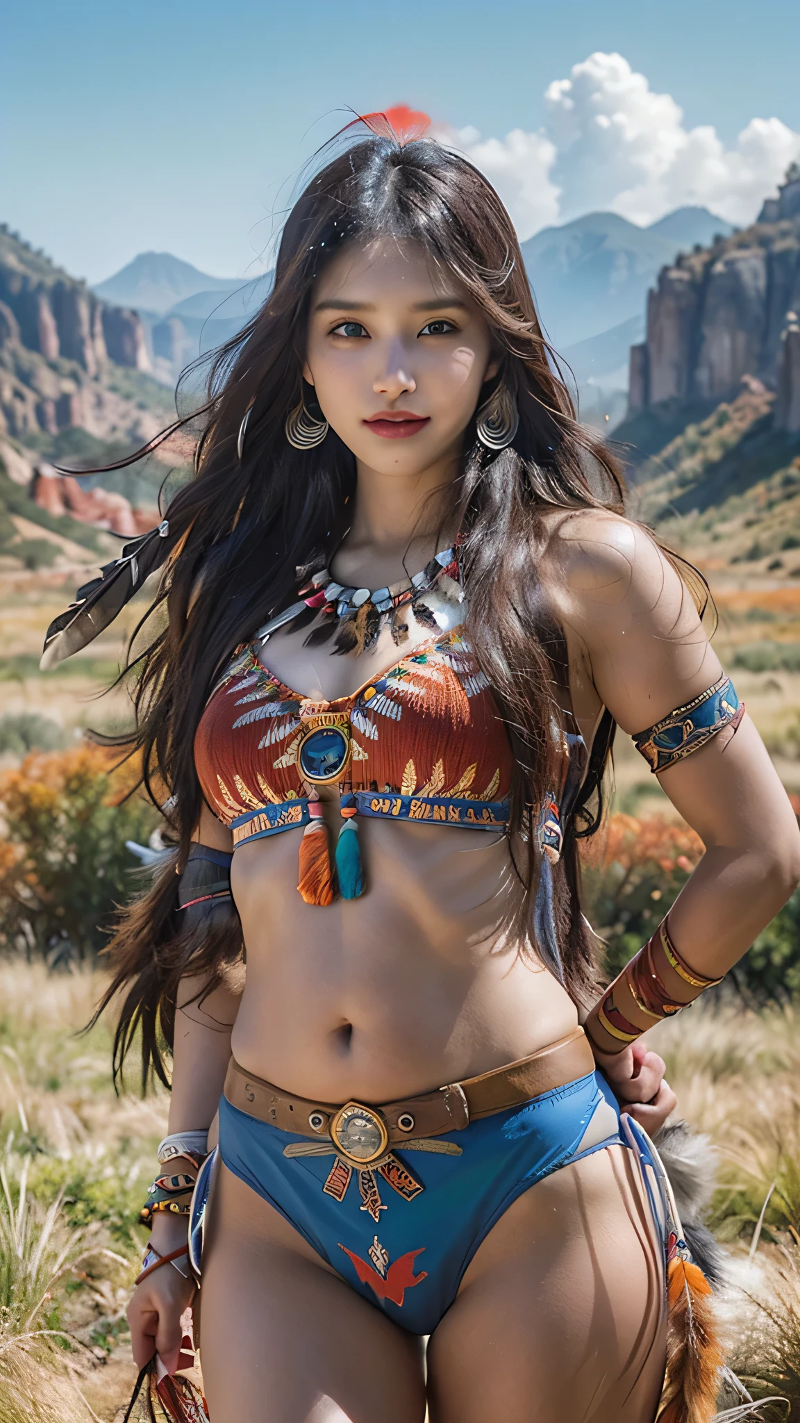 score_9, score_8_above, score_7_above, score_6_above, Classification_explicit, 1 girl, ((18 years:1.2)),(The best quality,A high resolution,Ultra - detailed,actual),Native American Ariana Grande,(wild Indian native American:1.4), adult, full lips, big light eyes, light blue eyes, ((by rubio:1)), (cabello ondulado long trenzado nativo indio: 1.2), (female native american:1.4) ,(native indian feathers :1.4), (Face details: 1.5, bright blue eyes, beautiful face, pretty eyes, iris coating, thin lips: 1.5, delgado, pale and sharp eyebrows, long, dark eyelashes, double tabs),(perfect hands detailed : 1.4 ) , (forest background big leaves :1.4), (native american V2.1), (native american:1.4), (fondo desierto casa native american:1.4), (dynamic cowboy pose),(( beautiful american indian warrior:1.4), (beautiful american indian warrior: V2.1)) , (bright colors), (big stones background:1.4 ), (meadow background :1.4), (falling rain cloudy:1.4), (great grassland autumn :1.4), (vestidor native american:1.4), (showing panties:1.4), (realistic V2.1), (Perfect anatomy)