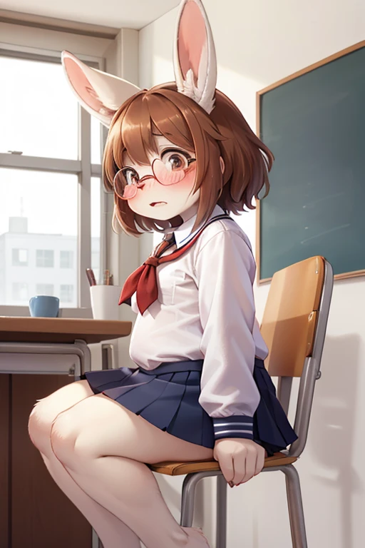 left side view , focus face , hairy bunny Short stature girl , (realistic hairy bunny fur:1.2) , round Mumps face , (tilt face:1.2) , half-open eyes , Unsophisticated loose geek , round eyes , Swollen cheeks , shy , glossy lips , eyewear , in the school , Class is in progress , school sailor , sit on chair , Look down , (hide mouth by notebook)