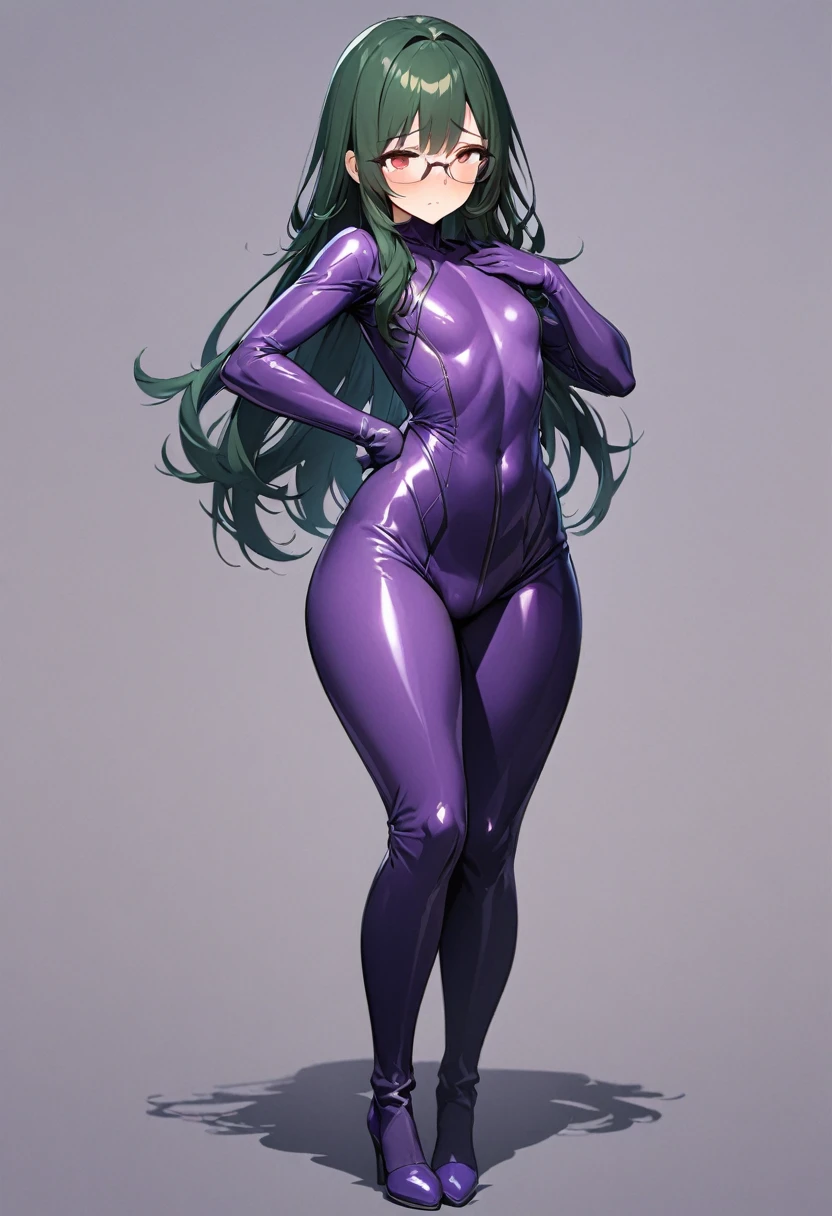 masterpiece, best quality, ultra-detailed,beautiful detailed, {{{{extremely detailed CG}}}},{8k_wallpaper}, 1 female, solo, 35 year old female,full body,standing ,purple bodysuit,purple rubber suit,flat chest,Long Hair, Dark Green Hair, glasses, red eyes,Shy , wide hips,tall