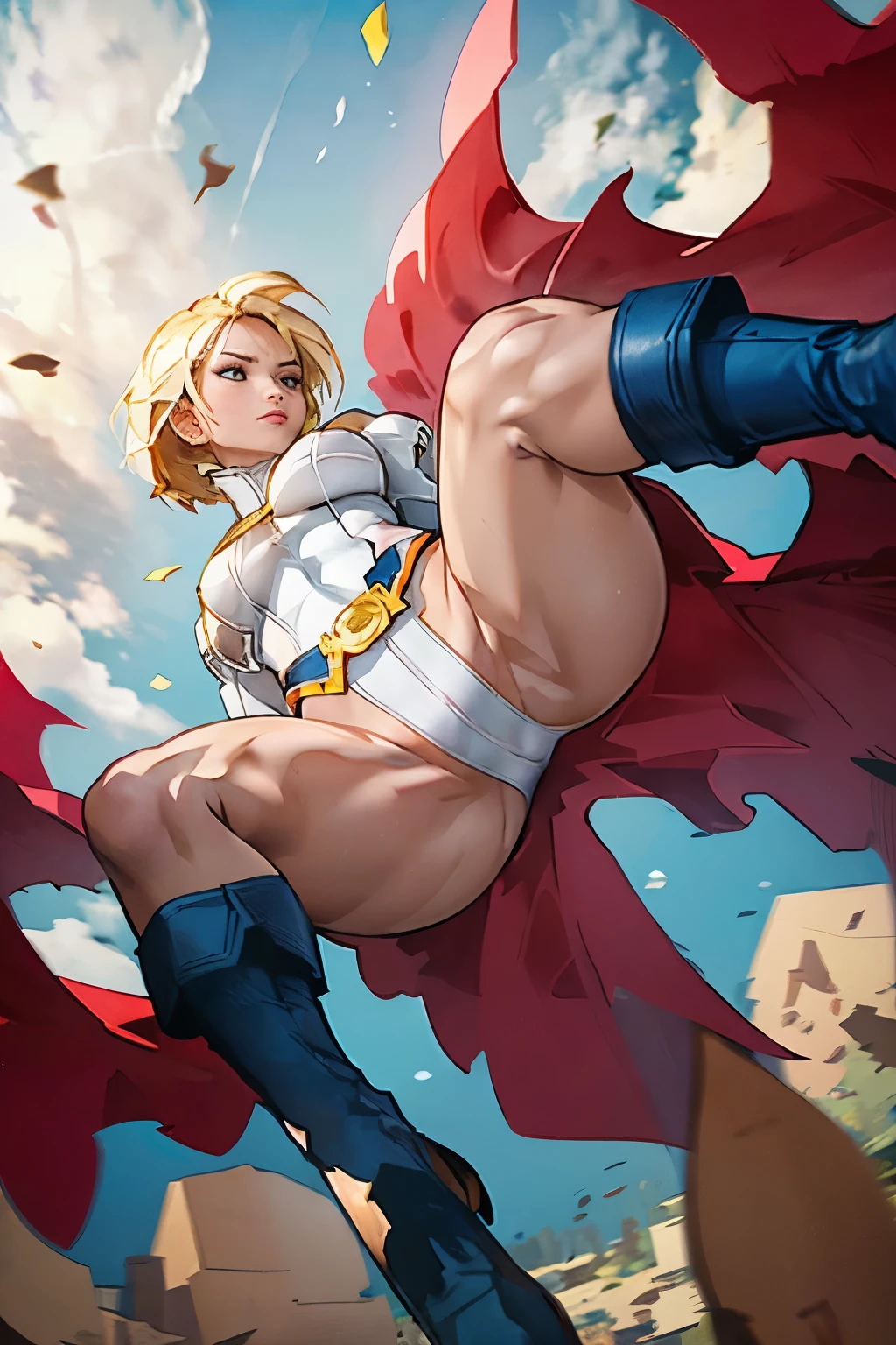 fighting PowerGirl,(shoot from below),(open thighs),cameltoue,solo,blond_hair,(damage white leotard),red belt,solo,blue boots, best quality, masterpiece, beautiful,(masterpiece), (best quality)