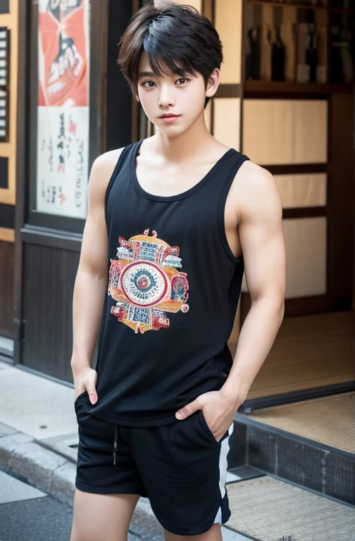 One beautiful boy、A cute boy、18-year-old、Japan boys、Tank top、In town、erection、Big eyes、Shorts