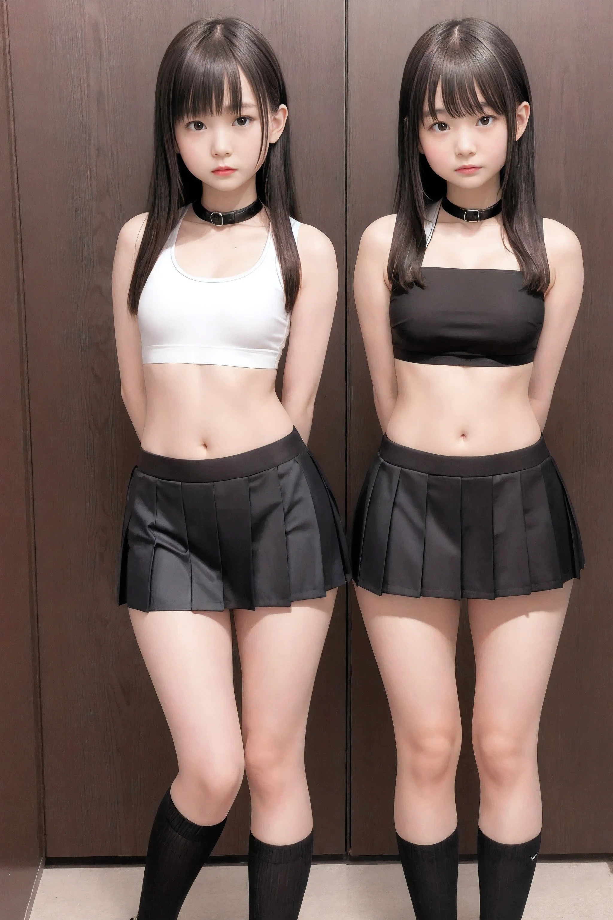 In prison, black collar, three cheerleaders, 16 years old, (looking at viewer), (arms behind back), (symmetrical pose), sports bra, navel exposed, pleated micro-mini skirt, socks, being trained by master, sad expression