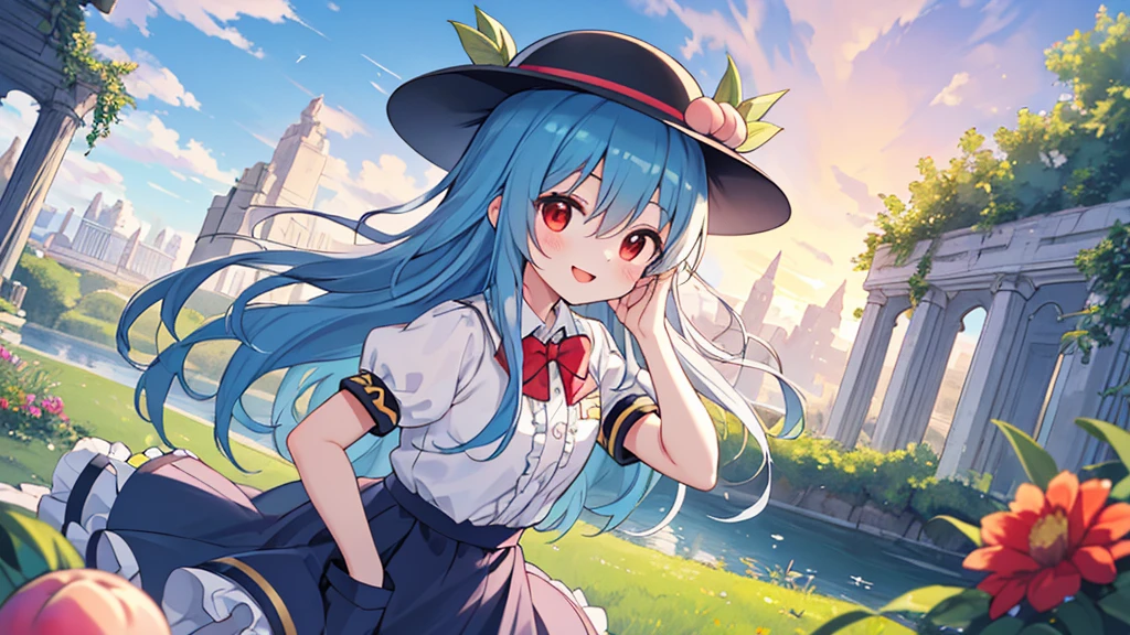 8k detail wallpaper,wallpaper,official art,
1girl, (full body:0.8),(close up face:1.1),Fantastic,dramatic angle,Fantastic angle,(dynamic angle:1.2),drastic angle,dynamic pose,drastic pose,
black headwear, blue hair, blue skirt, long skirt,blue sky, bow, bowtie, cloud, cloudy sky, cowboy shot, day, floating island,  frills,  grass, hat,( hinanawi tenshi), leaf, long hair, looking at viewer,  peach, puffy short sleeves, puffy sleeves, red bow, red bowtie, red eyes, short sleeves, skirt, sky, (solo:1.2), standing, very long hair,shirt,
(skirt billowing dramatically:1.1),very long skirt, very large skirt,kawaii face,childish face, ultra kawaii face,
hairs between eyes,young girl,Facing the lens,colorful,scenery,happy,[lover's:friendly:0.4] smile,extremely detailed eyes,happy face,innocent  face,very cute face,anime eyes,flushed cheeks,ultra quality,13 years old,
floating island,firmament,mythology,floating garden in the sky,city floating in the clouds,
ancient ruins floating in the sky, lush floating garden, colorful flowers and exotic plants, small waterfalls, sky at sunset, orange, pink, purple hues, serene utopian atmosphere, harmony between nature and  ancient city,
(close mouth),
Utopia,Shangri-La,Arcadia,Eden,
best quality,ultra-detailed,masterpiece,
